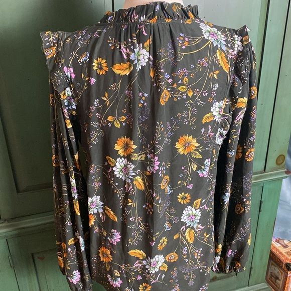 Anthropologie Dolan Boho Hunter Green Floral Ruffle LS Silk Blouse Size Small - Picture 5 of 10
